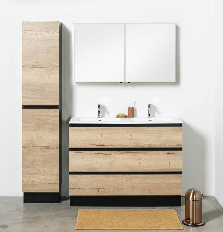 Meuble de salle de bain Dotan chêne/noir 1200 mm sur pied 2 lavabo mat