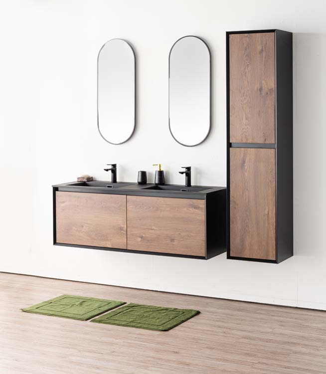 Meuble de salle de bains Justin noyer suspendu avec lavabo double noir mat 140cm