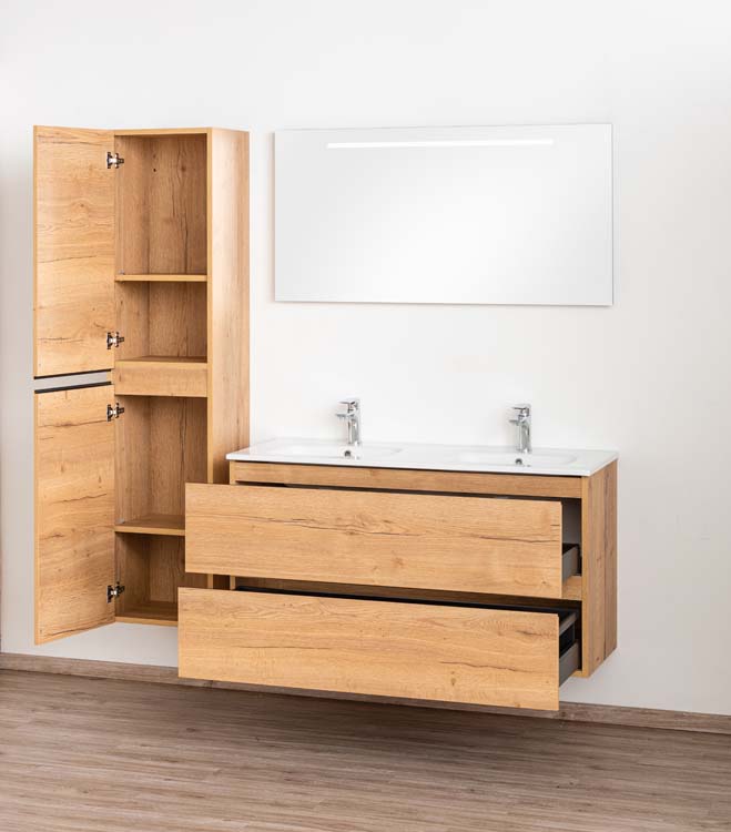 Meuble de salle de bain Daria chêne brun doré 1200 mm 2 lavabo porcelaine brillant