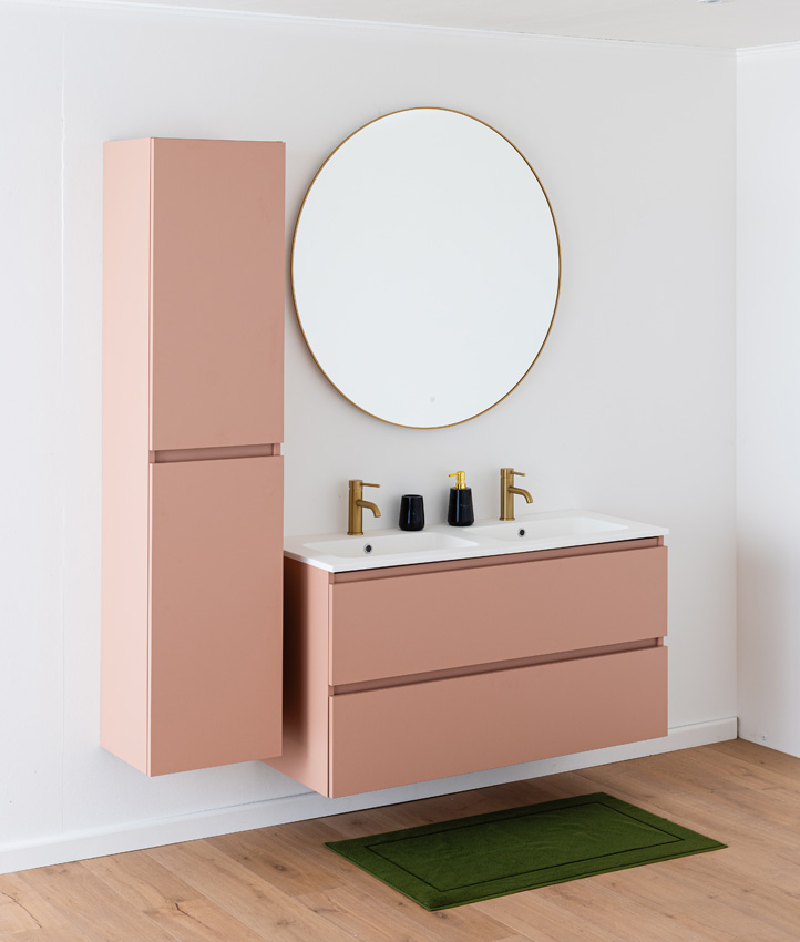 Meuble de salle de bains Dotan abricot suspendu avec double lavabo blanc mat 120cm