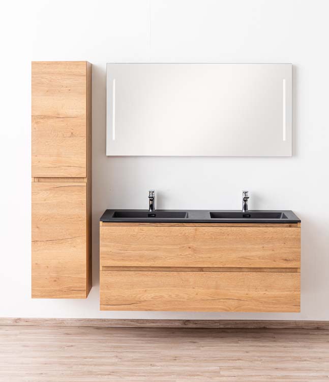 Meuble de salle de bain Daria chêne brun doré 1400 mm lavabo noir mat