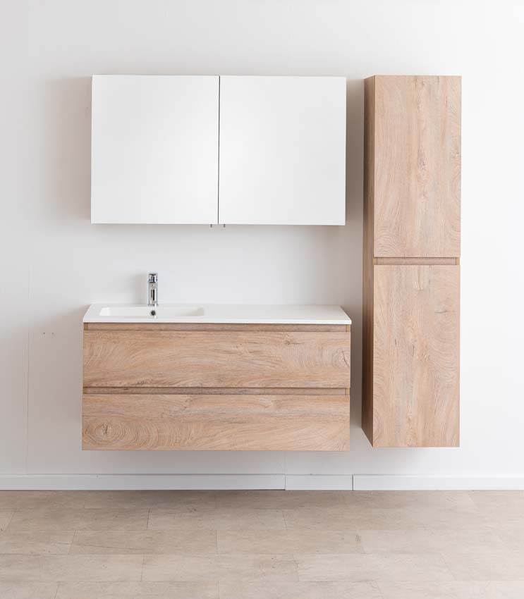 Meuble de salle de bain Tibo en chêne méditerranéen avec vasque simple blanc brillant 120cm
