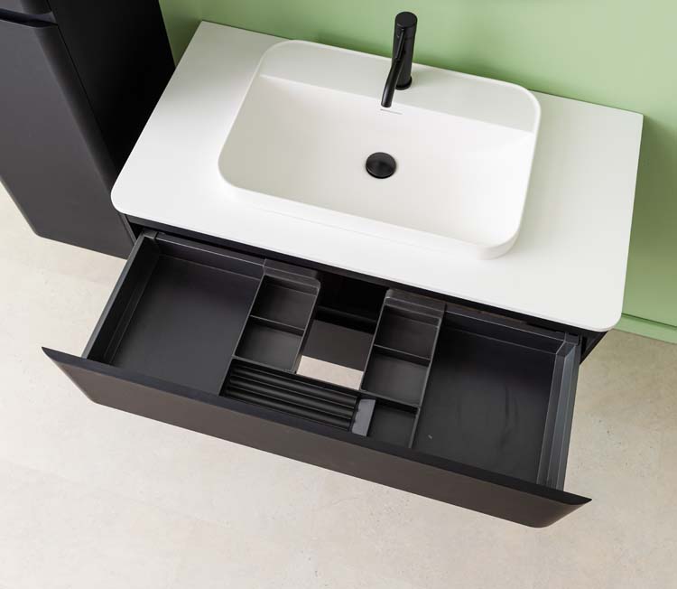 Badkamermeubel Ames mat zwart hangend met opbouwkom mat wit 110cm