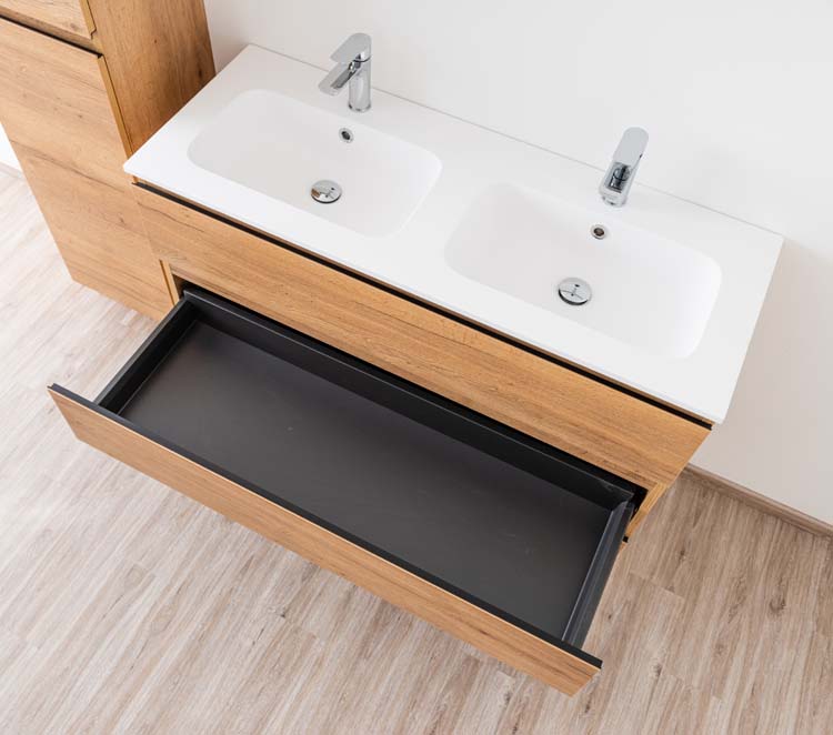 Meuble de salle de bain Daria chêne brun doré 1200 mm sur pied 2 lavabo mat