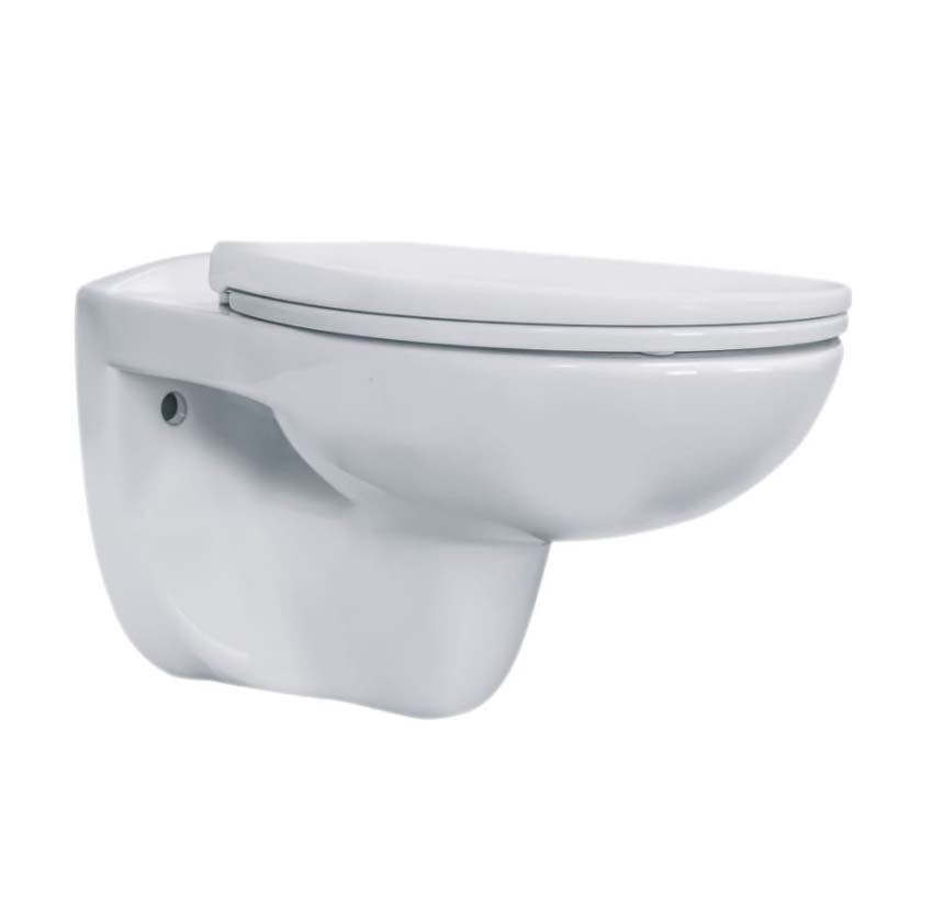 Toilette suspendue sans rebord blanc brillant avec siège WC