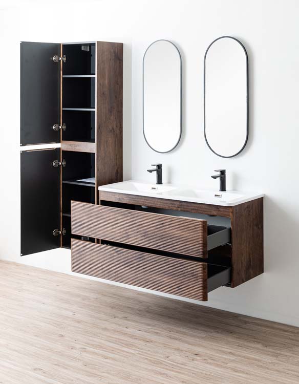 Meuble de salle de bains Jelte noyer suspendu avec lavabo double en marbre minéral blanc brillant 120cm