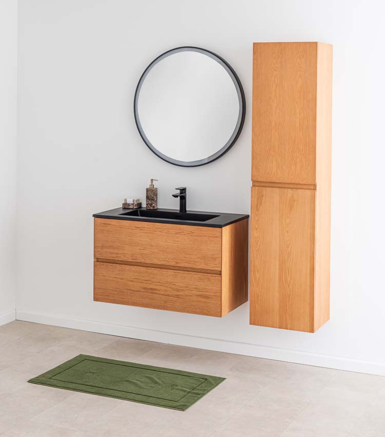 Badkamermeubel Fior eik hangend met enkele wastafel mat zwart 90cm