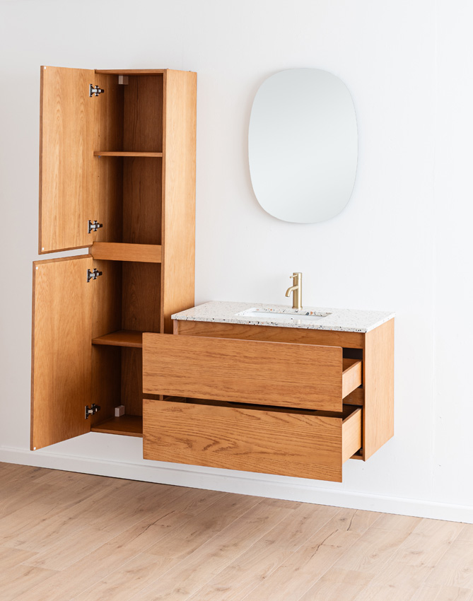 Badkamermeubel Fior eik hangend met enkele wastafel terrazzo 90cm