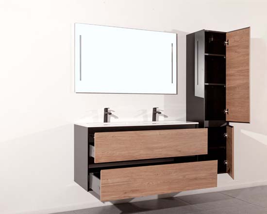 Meuble de salle de bains Molly aspect bois suspendu avec lavabo double blanc brillant 120cm