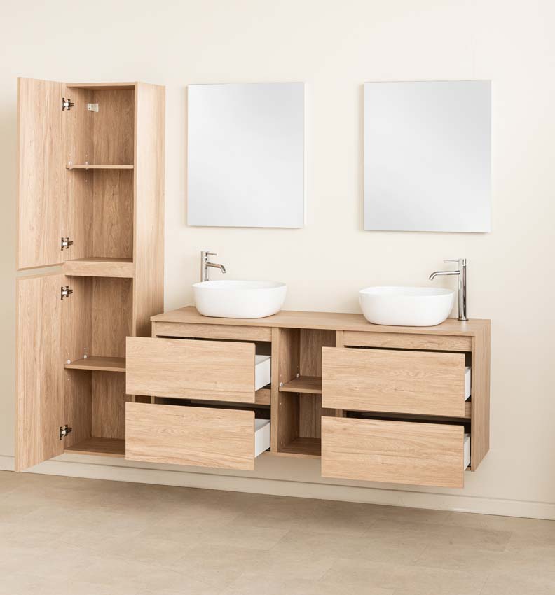 Badkamermeubel Bella eik hangend met dubbele opbouwkom glanzend wit 150cm