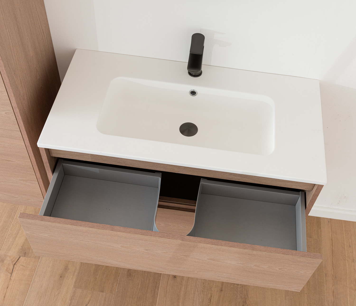 Meuble de salle de bains Tiago chêne Nordic suspendu avec vasque simple blanc brillant 90cm
