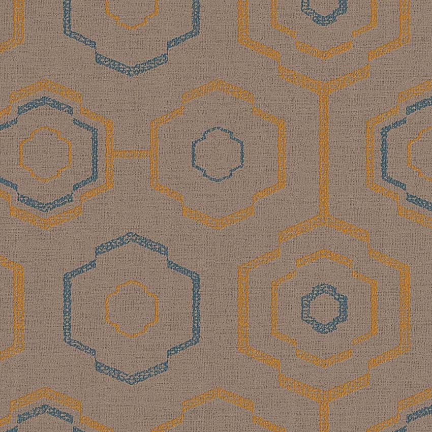 Vinyl op vliesbehang bloem oker/blauw/bruin 0,53x10m