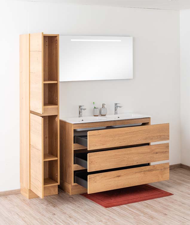 Meuble de salle de bain Daria chêne brun doré 1200 mm sur pied 2 lavabo brillant