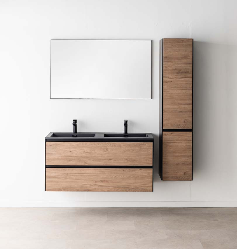 Meuble de salle de bains Molly chêne suspendu avec lavabo double noir mat 120cm