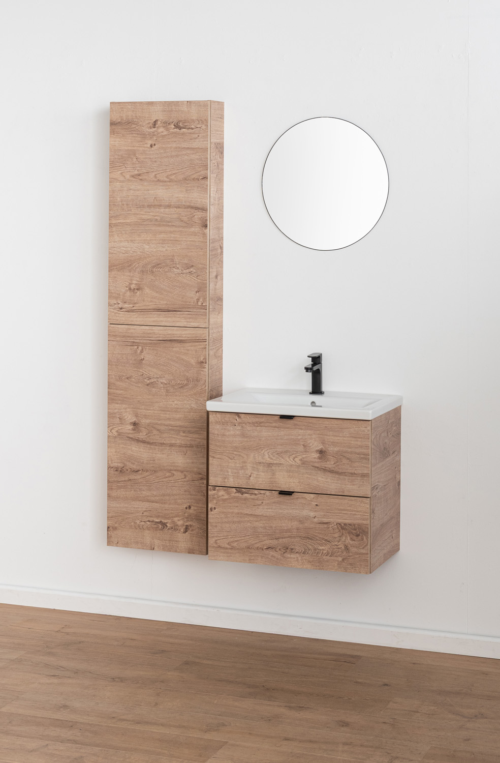 Badkamermeubel Raf honingeik hangend met enkele wastafel glanzend wit 60cm