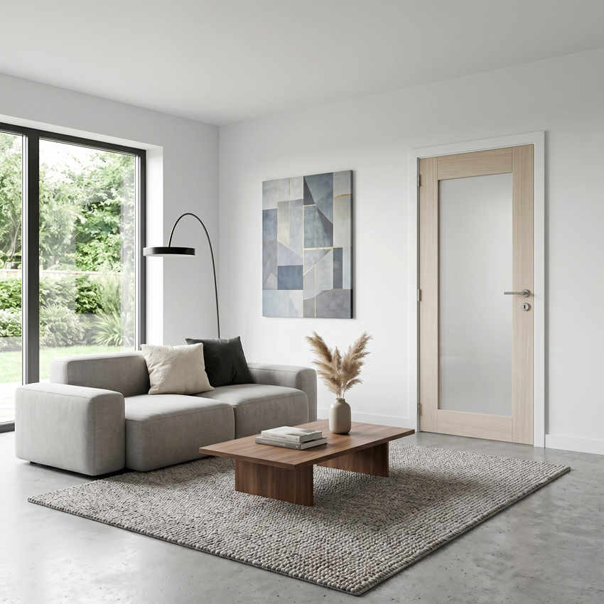 Complete binnendeur Vento mat glas/massief hout 201,5x73cm omkeerbaar + deurkast wit 16,5cm
