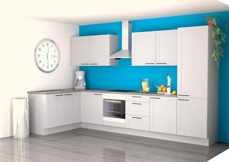 Hoekkeuken Premium 16A wit kader 365x165cm - voorgemonteerd - met toestellen - vitrokeramische kookplaat en inox wanddampkap