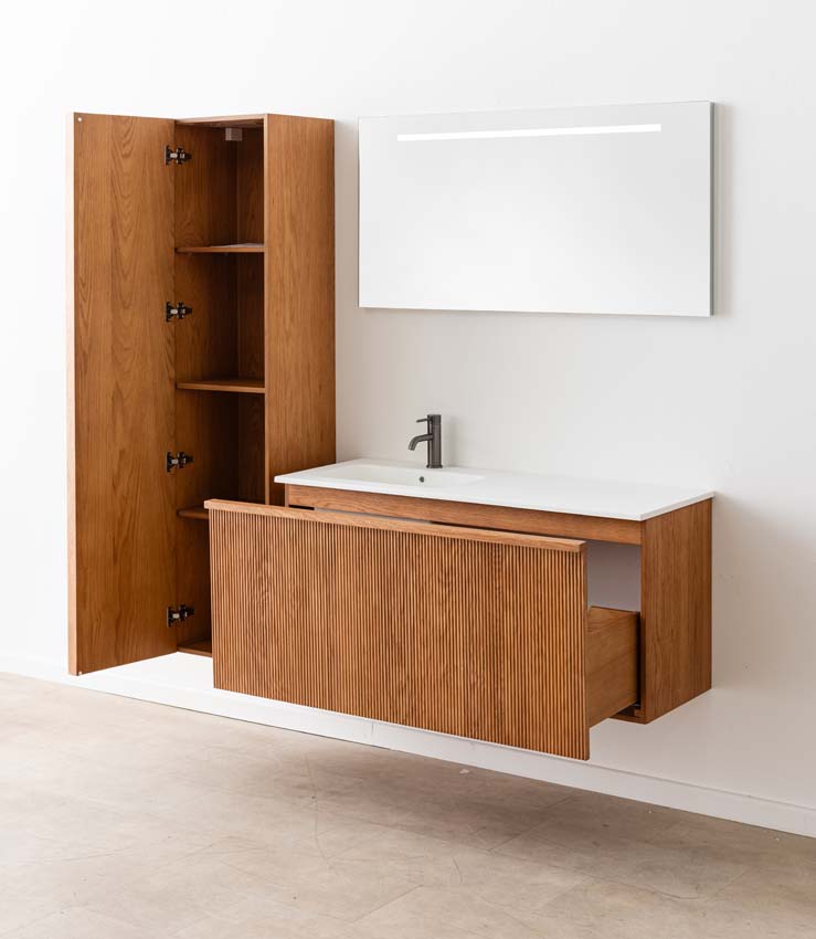Badkamermeubel Fae eik hangend met enkele wastafel mat wit 120cm