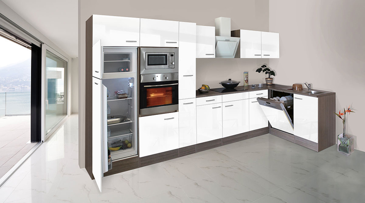 Cuisine d'angle blanc/chêne foncé 370x172cm - plaque de cuisson vitrocéramique et hotte murale blanche - avec appareils