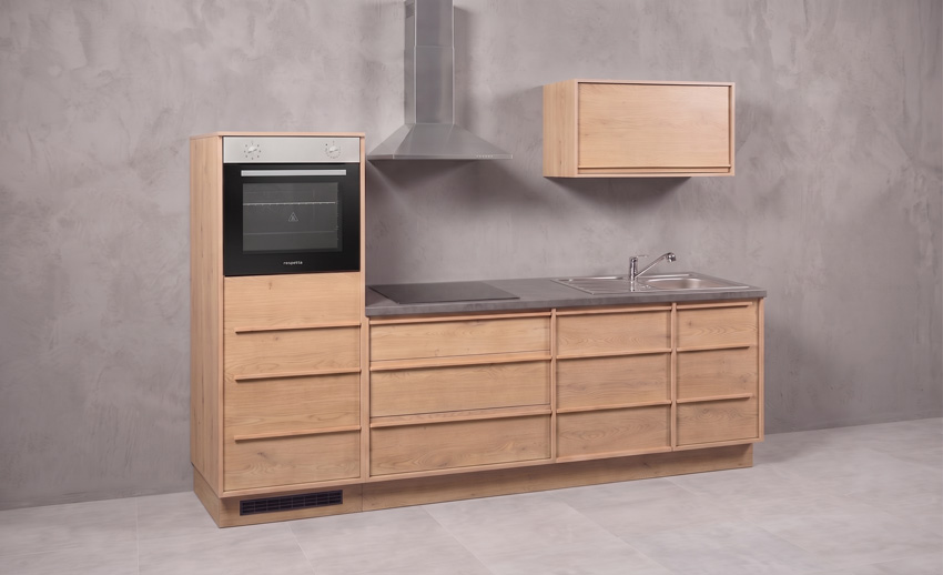 Cuisine Nara chêne 264cm - avec appareils - plaque de cuisson vitrocéramique et hotte murale en inox