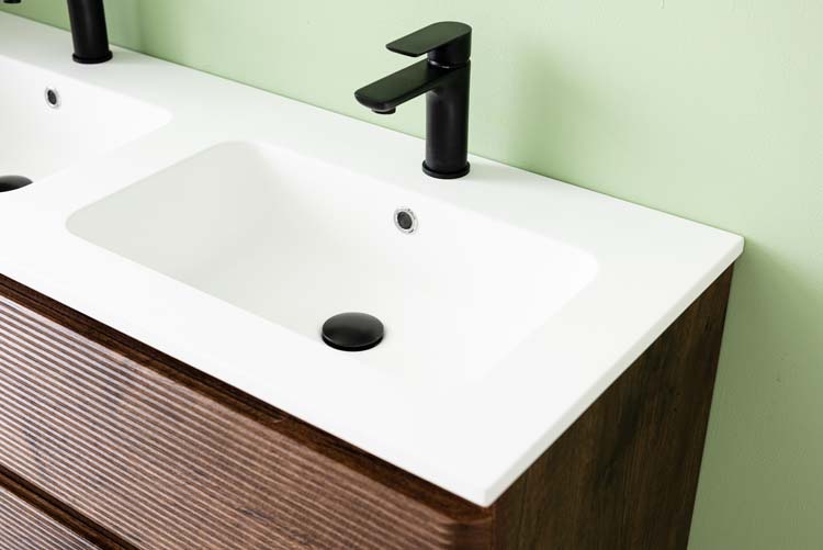 Meuble de salle de bains Jelte noyer suspendu avec lavabo double blanc brillant 120cm