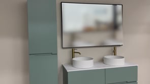 Meuble de salle de bains Truman vert gris suspendu avec lavabo double blanc brillant 120cm Meuble de salle de bains Truman vert gris suspendu avec lavabo double blanc brillant 120cm