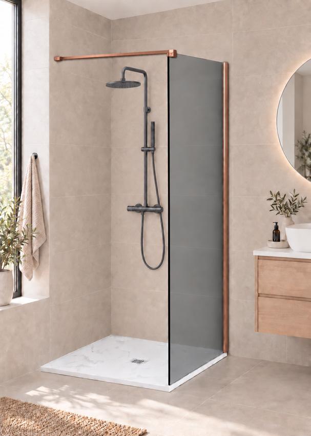 Paroi de douche à l'italienne Anais verre gris avec kit de profilés cuivre 87x200cm