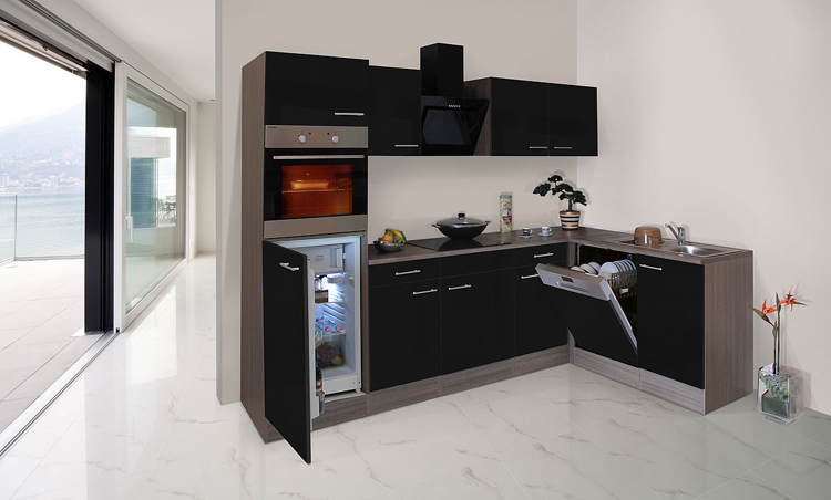 Hoekkeuken zwart/eik donker 280x172cm - met toestellen - vitrokeramische kookplaat en zwarte wanddampkap