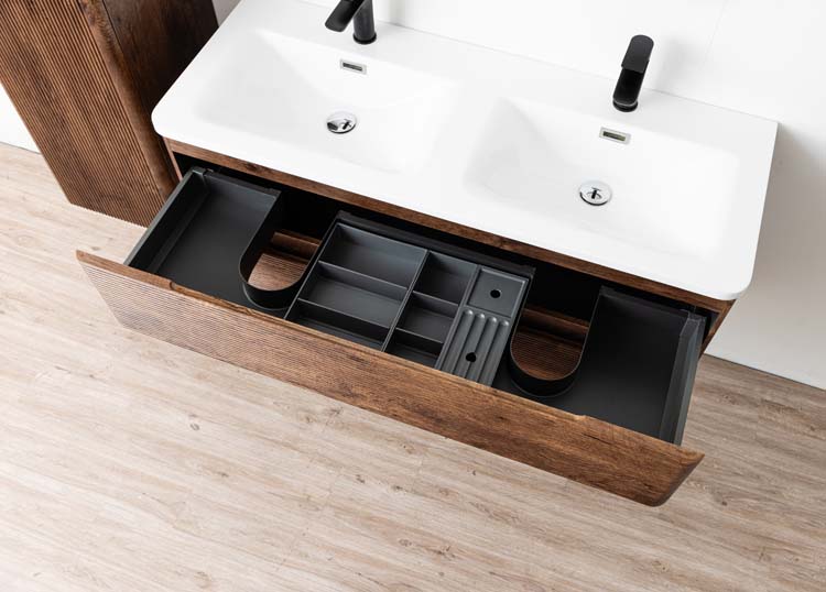 Meuble de salle de bains Jelte noyer suspendu avec lavabo double en marbre minéral blanc brillant 120cm