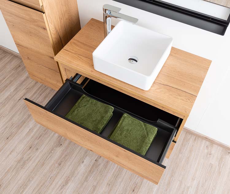 Meuble de salle de bain Daria chêne brun doré 900 mm tablette en saillie melamine