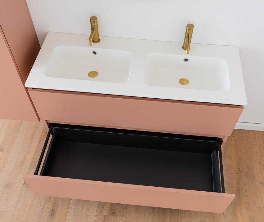 Meuble de salle de bains Dotan abricot suspendu avec double lavabo blanc mat 120cm