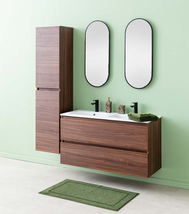 Meuble de salle de bains Dotan noyer suspendu avec lavabo double blanc mat 120cm