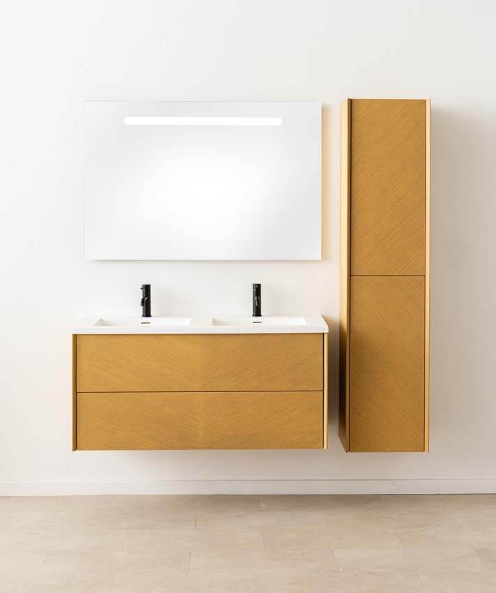 Meuble de salle de bains Waldorf chêne suspendu avec lavabo double en solid surface 120cm