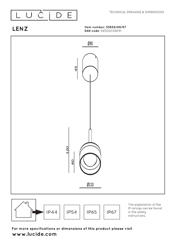 Lucide Essential Lenz - Hanglamp binnen/buiten - Ø11cm - LED - 1x8W 2700K - IP54 - Roestbruin