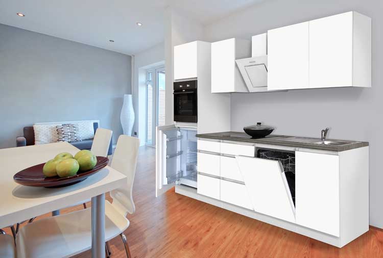 Cuisine 280cm - sans poignée - blanc mat/blanc - vitrocéramique