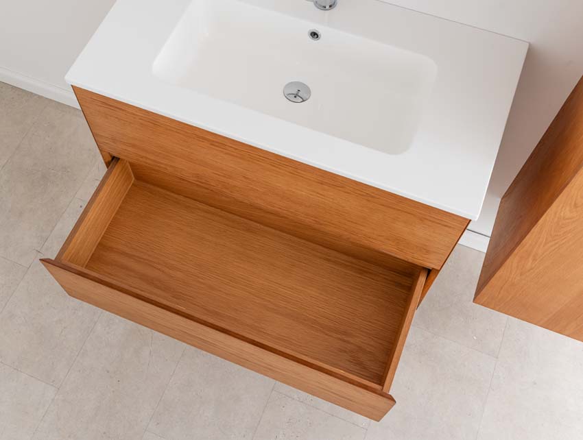 Badkamermeubel Fior eik hangend met enkele wastafel glanzend wit 90cm