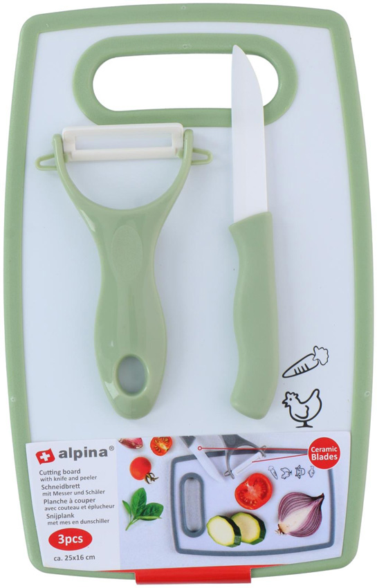 Planche à découper avec éplucheur et couteau plastique vert clair 25x16cm