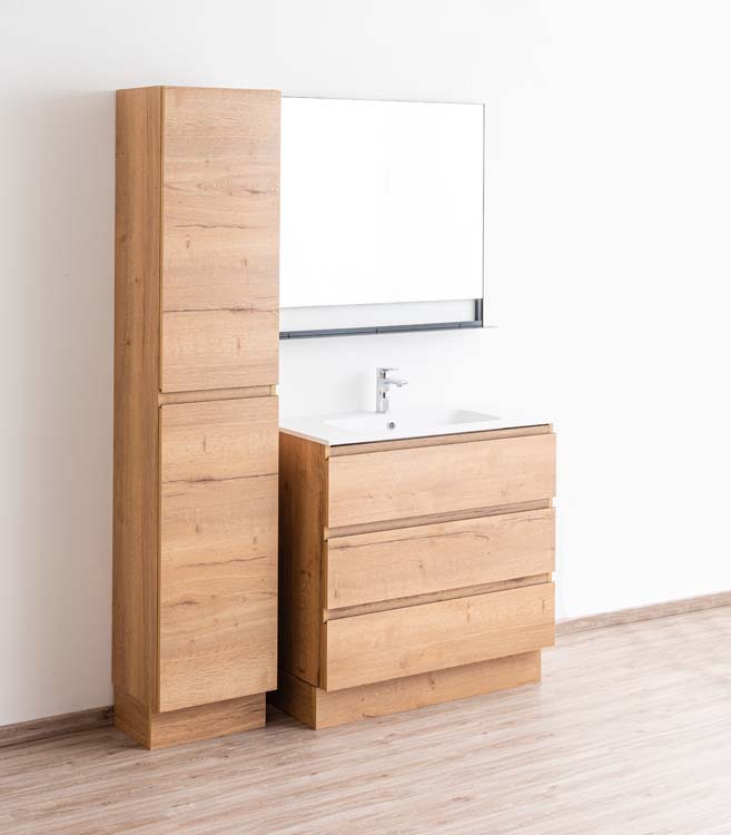 Meuble de salle de bains Daria chêne brun doré sur pied avec lavabo simple blanc mat 90cm