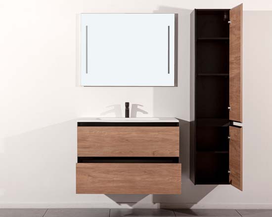 Badkamermeubel Molly houtlook hangend met enkele wastafel mat wit 90cm
