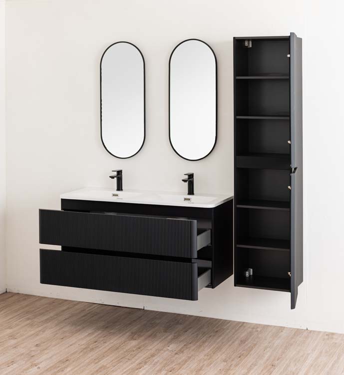Badkamermeubel Julia mat zwart hangend met dubbele mineraal marmer wastafel glanzend wit 120cm