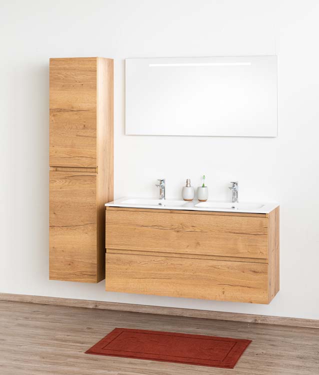 Meuble de salle de bains Daria chêne brun doré suspendu avec lavabo double blanc brillant 120cm