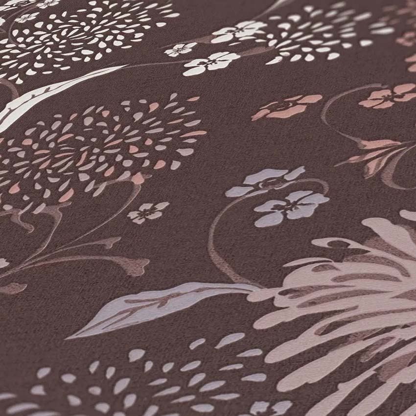 Vinyl op vliesbehang bordeaux + bloem rood/wit 0,53x10m