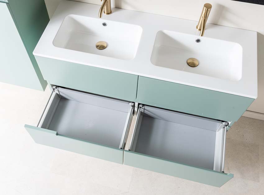 Meuble de salle de bains Truman vert gris suspendu avec lavabo double blanc brillant 120cm