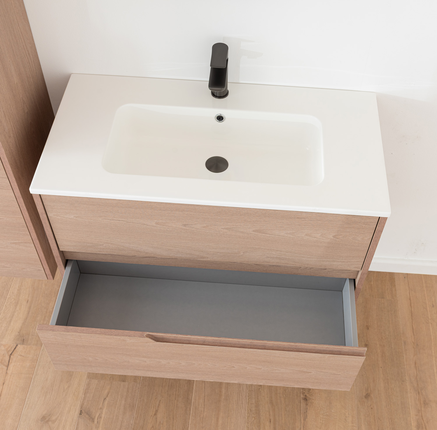 Meuble de salle de bains Tiago chêne Nordic suspendu avec vasque simple blanc mat 90cm