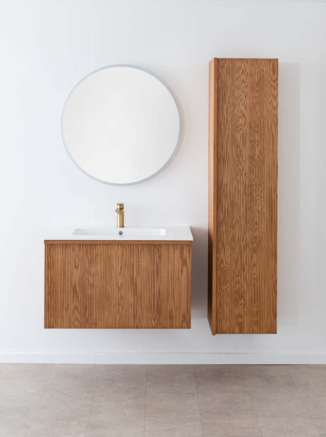 Badkamermeubel Fae eik hangend met enkele wastafel glanzend wit 90cm