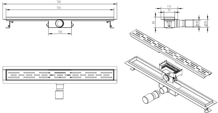 Douchegoot inox gunmetal 70cm