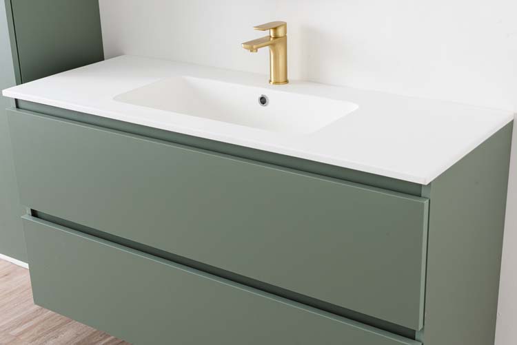 Meuble de salle de bains Dotan eucalyptus vert avec lavabo simple blanc mat 120cm