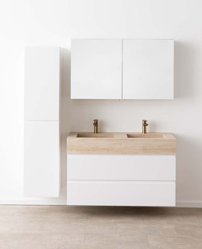 Meuble de salle de bain Tibo blanc avec double lavabo large en travertin 120cm