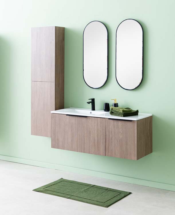 Meuble de salle de bains Nolan noyer suspendu avec lavabo simple à gauche blanc brillant 120cm