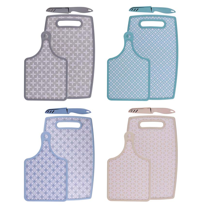 Planche à découper plastique turquoise/blanc set de 2 + couteau